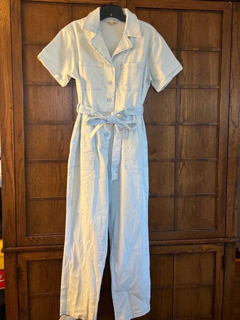 Skies Are Blue Light Blue Denim Utility Jumpsuit with Tie Belt